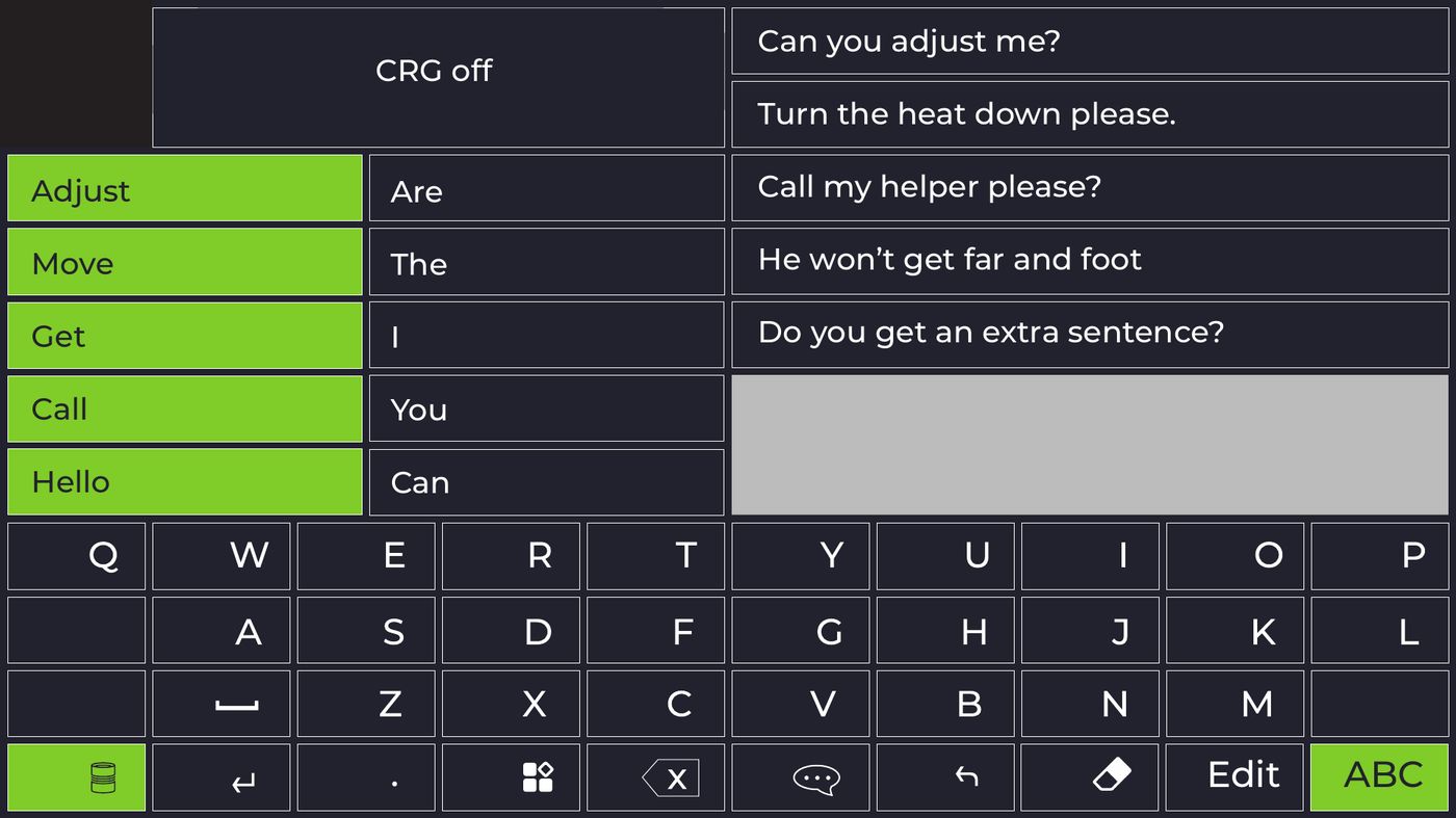 Dark themed ACAT interface. A status area reads 'CRG is listening and trying to make sense of the conversation'. To the right, a column of complete candidate sentences: 'Can you adjust me?', 'Turn the heat down please.', 'Call my helper please?'. Below, a scanning keyboard with quick action keys highlighted in amber.