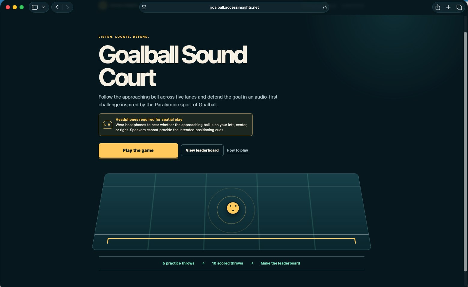 The Goalball Sound Court web app: Listen, locate, defend.